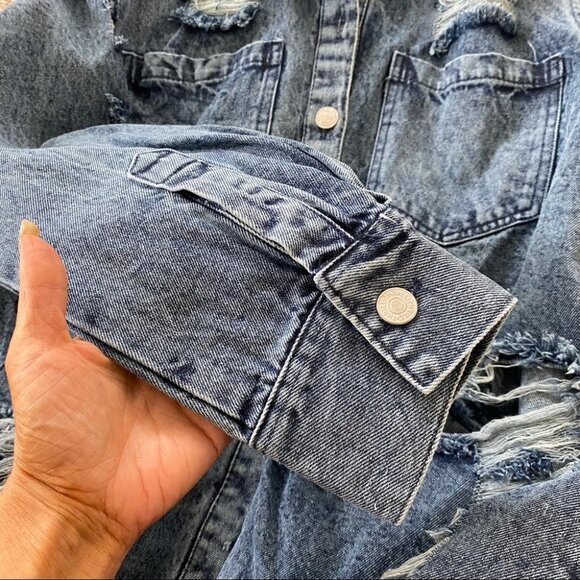 NEW THRILL Destroyed Long Denim Jacket Sz M - Picture 9 of 15
